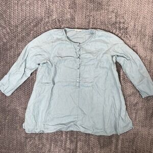 Eileen Fisher Pintuck Linen Button Up Tunic Blouse Small Teal Aqua Blue